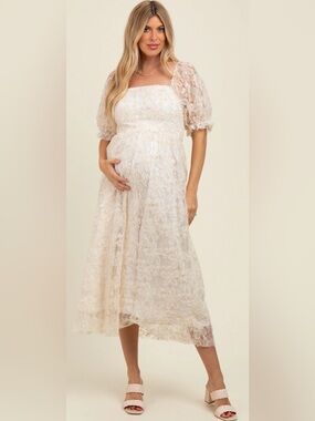 Pinkblush Lace Maternity Midi Dress in Soft Cream
